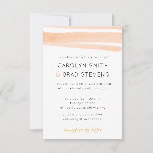 ライトピンク赤面モダン金ゴールド水結婚色 招待状 (正面)