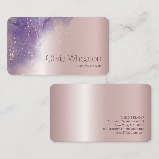 ライトピンク金ゴールドとパープルスパークルサロンスタイリスト 名刺 (正面/裏面)