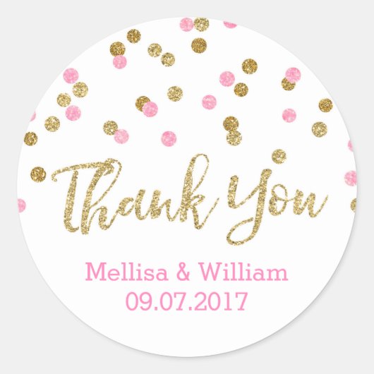 ライトピンク金ゴールド紙吹雪結婚式の引き出物ラベル ラウンドシール (正面)