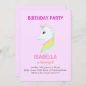 ライトピンク6th誕生日パーティーで美しいユニコーン 招待状 (正面/裏面)