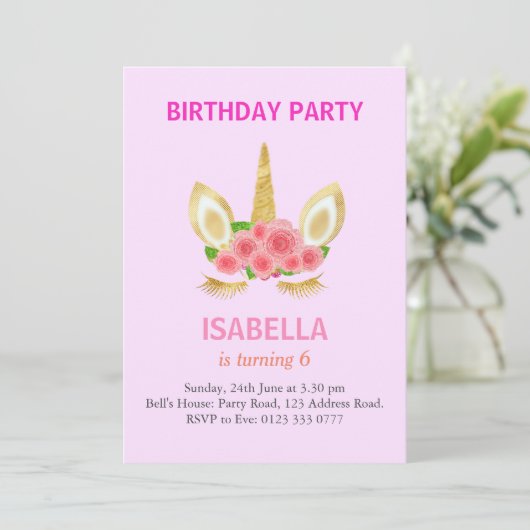 ライトピンク6th誕生日パーティーで美しいユニコーン 招待状 (スタンド正面)