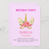 ライトピンク6th誕生日パーティーで美しいユニコーン 招待状 (正面/裏面)