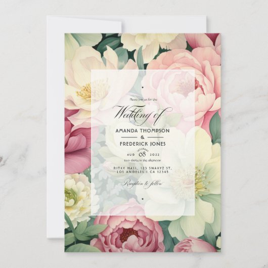 ライトピンク、アイボリー、セージ緑のフローラ結婚ズ 招待状 (正面)