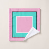 ライトピンク ターコイズ ブラック ブロックパターン バスタオルセット (ウォッシュタオル)