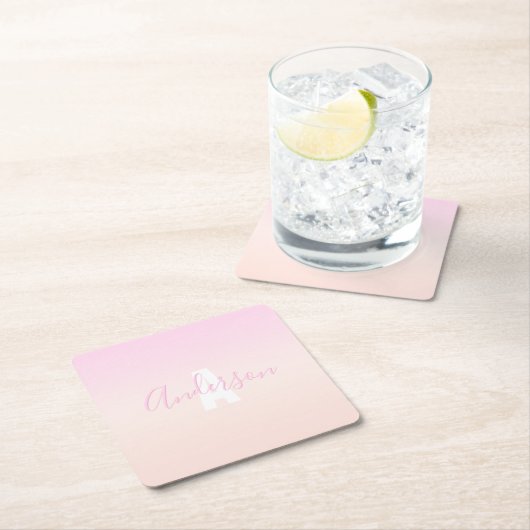 ライトピンク&ピーチグラデーショグラデーションン名&モノグラム スクエアペーパーコースター (インサイチュ)