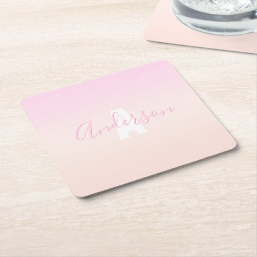 ライトピンク&ピーチグラデーショグラデーションン名&モノグラム スクエアペーパーコースター (アングル)