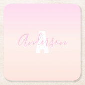 ライトピンク&ピーチグラデーショグラデーションン名&モノグラム スクエアペーパーコースター (正面)
