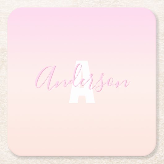 ライトピンク&ピーチグラデーショグラデーションン名&モノグラム スクエアペーパーコースター (正面)