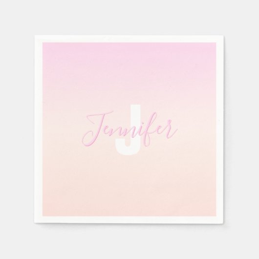 ライトピンク&ピーチグラデーショグラデーションン名&モノグラム スタンダードカクテルナプキン (正面)