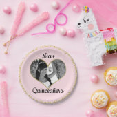 ライトピンク&金ゴールドグリッターハート写真パーソナライズされた ペーパープレート (パーティー)