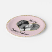 ライトピンク&金ゴールドグリッターハート写真パーソナライズされた ペーパープレート (アングル)