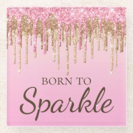 ライトピンク&金ゴールド滴下グリッタートゥスパ生まれルクル ガラスコースター