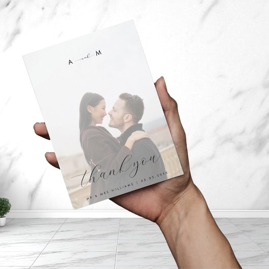 ライトフェージング写真モノグラムエレガントホワイト結婚ズ サンキューカード