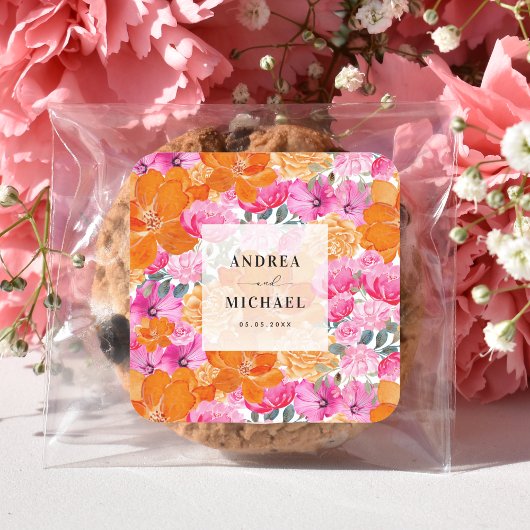 ライトフェードピンクとオレンジの花柄明るい結婚式 スクエアシール