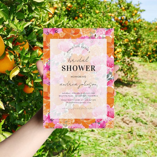 ライトフェードピンクオレンジガーデンブライダルシャワー 招待状