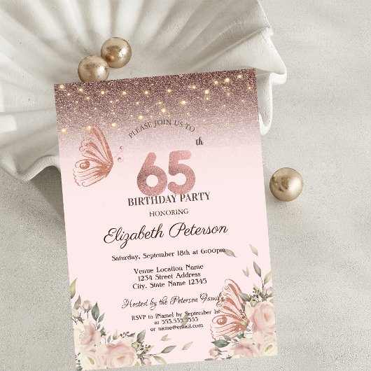 ライトフラワーズグリッター蝶65誕生日 招待状