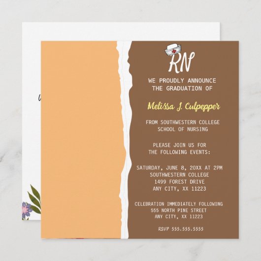 ライトブラウンの写真を使った看護師のピン式卒業式 招待状 (正面/裏面)