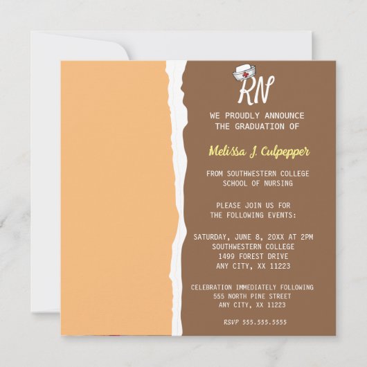 ライトブラウンの写真を使った看護師のピン式卒業式 招待状 (正面)