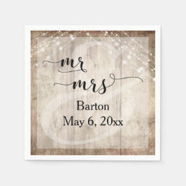 ライトブラウン結婚ウッド&ライトストリングスのミスター&ミセス スタンダードカクテルナプキン
