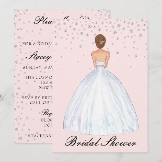 ライトブルネットブライドイラストレーションブライダルシャワー 招待状 (正面/裏面)