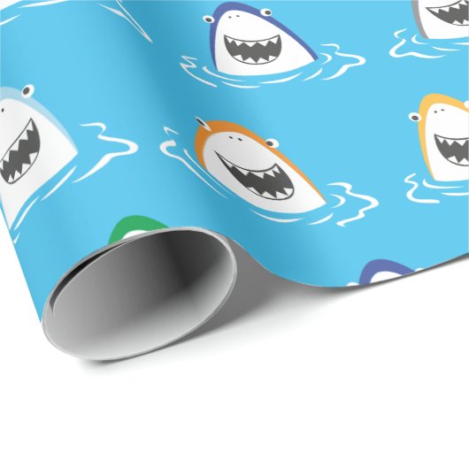 ライトブルーおもしろいの鮮やかな色の可愛いサメ ラッピングペーパー (ロールコーナー)