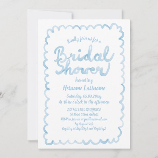 ライトブルーお洒落ウォーターのカラーブライダルシャワー 招待状 (正面)