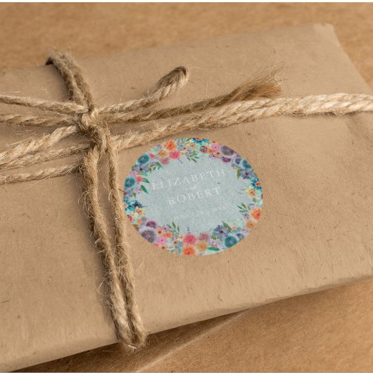 ライトブルーお洒落ワイルドフラワーの水色結婚の ラウンドシール