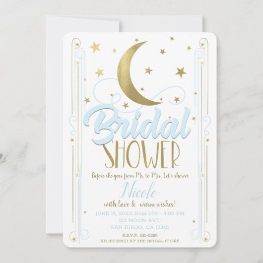 ライトブルーお洒落金ゴールドムーンスターズブライダルシャワー 招待状 (正面)