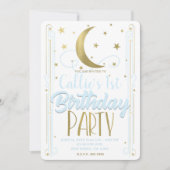 ライトブルーお洒落金ゴールドムーンスターズ誕生日 招待状 (正面)