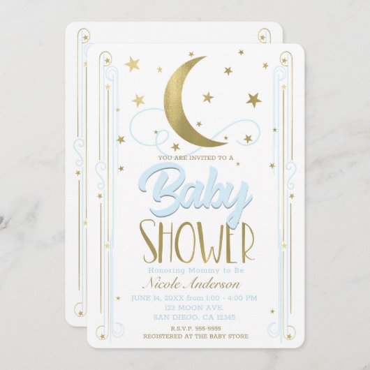 ライトブルーお洒落&金ゴールドムーンスターズ赤ちゃんシャワー 招待状 (正面/裏面)