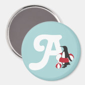 ライトブルーかわいいペンギン泳ぐキッズモノグラム マグネット (正面/裏面)