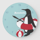 ライトブルーかわいいマンガペンギンのスイミングキッズ ラージ壁時計 (正面)