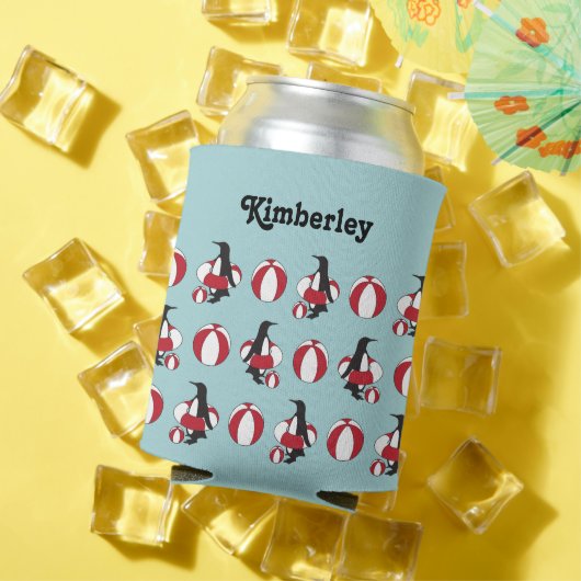 ライトブルーかわいい漫画スイミングペンギン子供の名前 缶クーラー (インサイチュ 夏)
