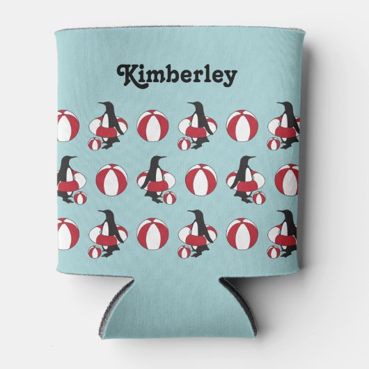 ライトブルーかわいい漫画スイミングペンギン子供の名前 缶クーラー (正面)