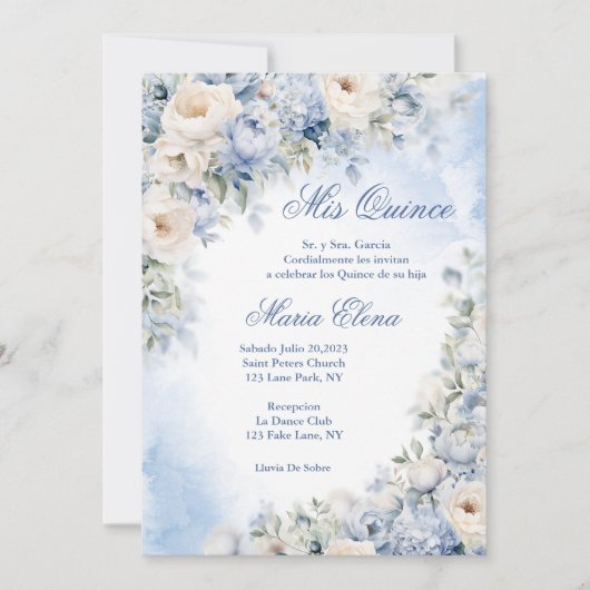 ライトブルーとクリーム色のバラ 招待状 (正面)