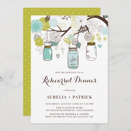 ライトブルーとグリーンメイソンジャースリハーサルディナー 招待状 (正面/裏面)
