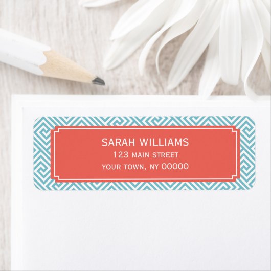 ライトブルーとコーラルギリシャ鍵パターン ラベル (インサイチュ)