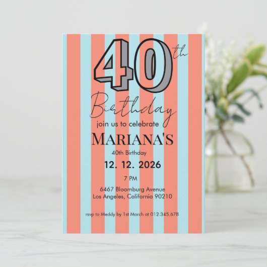 ライトブルーとコーラルストライプのモダンな40歳の誕生日 招待状 (スタンド正面)
