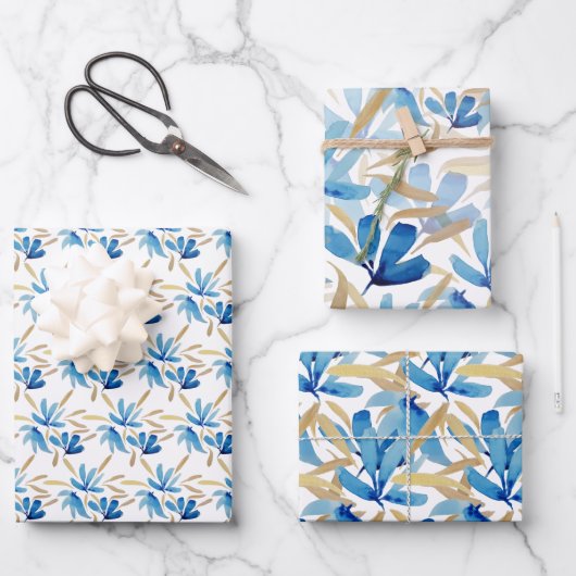 ライトブルーとゴールドの水彩手描き ラッピングペーパーシート (正面)