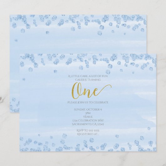 ライトブルーとゴールドのONE 1歳の誕生日招待状 招待状 (正面/裏面)
