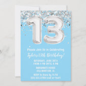 ライトブルーとシルバーの13歳の誕生日 招待状 (正面)