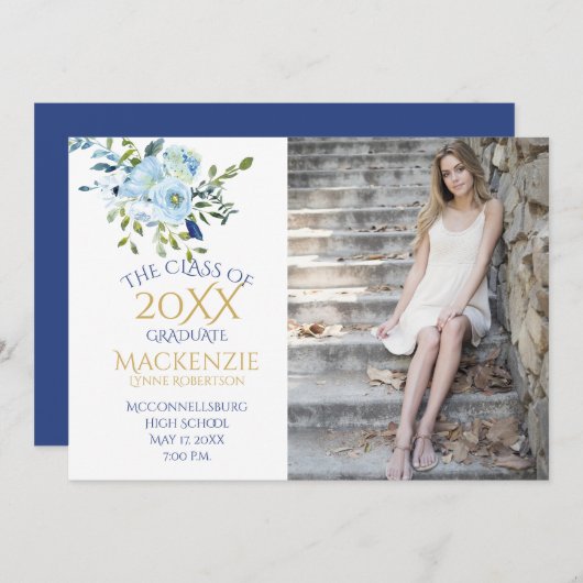ライトブルーとネイビーのフローラ写真卒業 案内状 (正面/裏面)