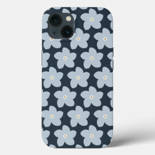 ライトブルーとネイビーのレトロフラワー iPhone 13ケース