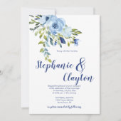 ライトブルーとネイビーの水彩花のウェディング | 招待状 (正面)