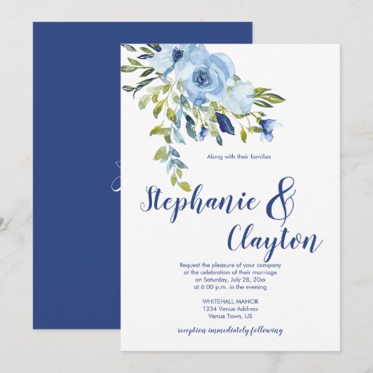 ライトブルーとネイビーの水彩花のウェディング | 招待状 (正面/裏面)