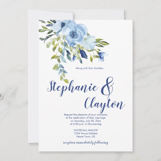 ライトブルーとネイビー水彩花結婚色 | 招待状 (正面)