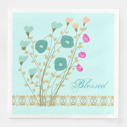 ライトブルーとフローラアート紙ナプキン (正面)
