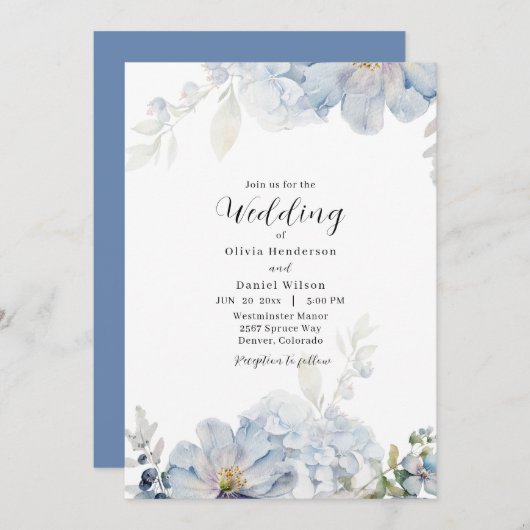 ライトブルーとホワイトのフローラ結婚ズ 招待状 (正面/裏面)