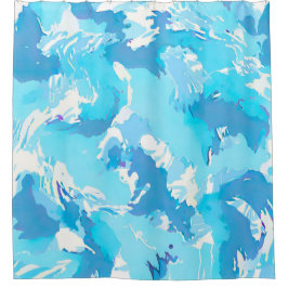 ライトブルーとホワイトの抽象芸術ブラシストローク シャワーカーテン