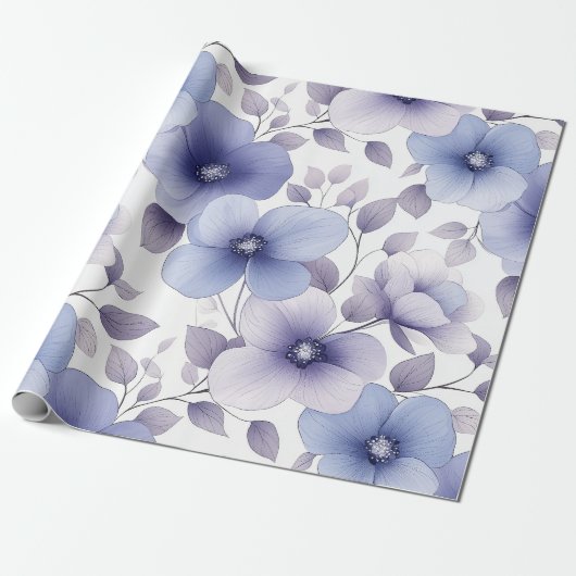 ライトブルーとラベンダーウォーターカラーフローラ ラッピングペーパー (アンロールド)